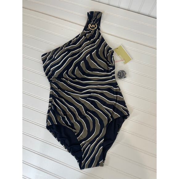 NWT Michael Kors Swimsuit Green Black Tiger Print One Shoulder One Piece Size S - Picture 1 of 6